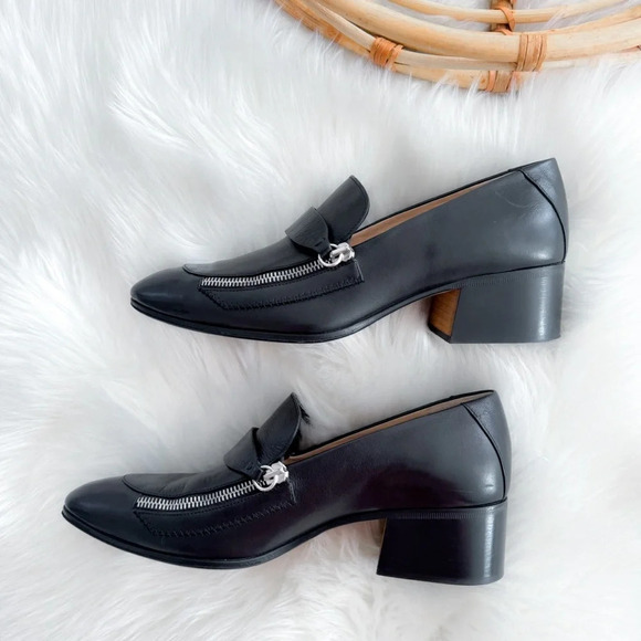 Chloe Black Leather Lumi Block Heel Zip Pumps Silver Zippers Loafer Chunky - Picture 5 of 13